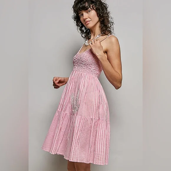 POL Pink Cotton Striped Smocked Sundress with Embroidery - Picture 3 of 6